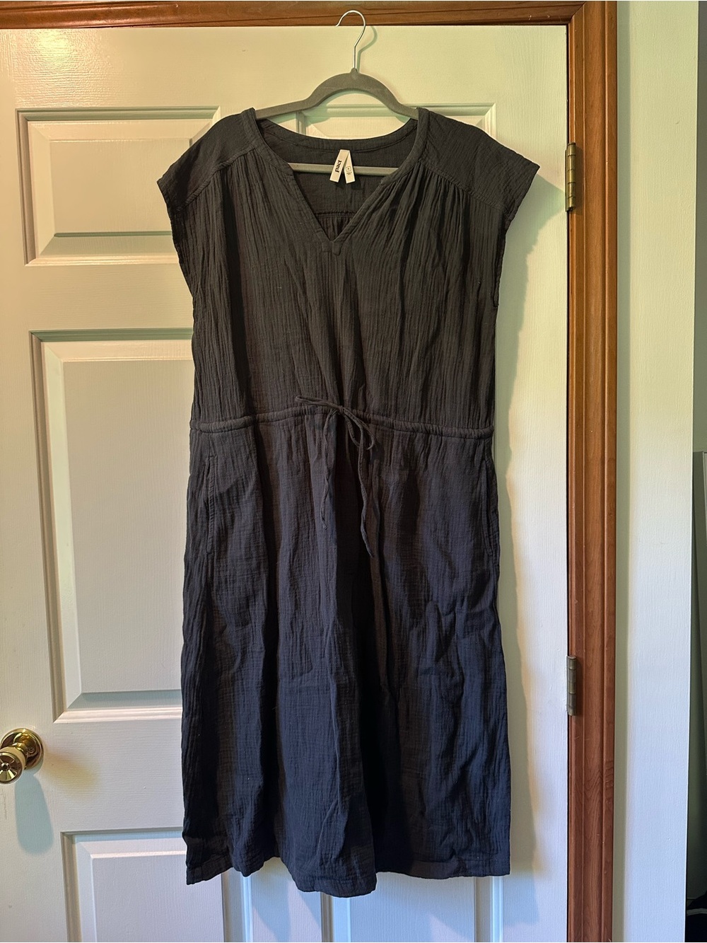 Pact Navy Textured V-Neck Midi Dress with Drawstring